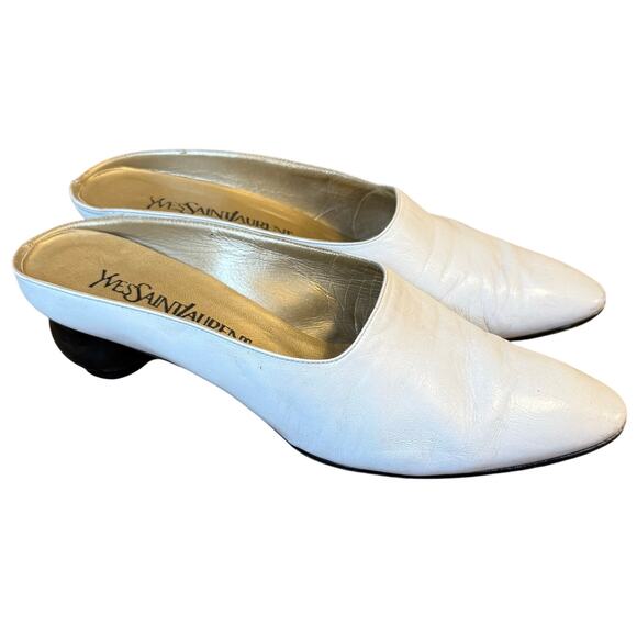YSL Yves Saint Laurent Leather Mule Pointy Toe Heel Slip-On White Women’s Sz 7.5 - Picture 1 of 11